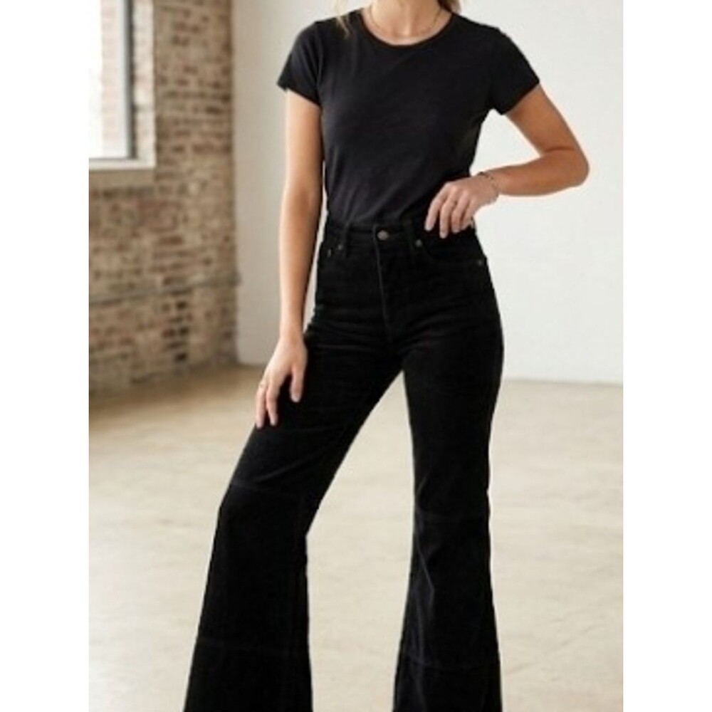 We The Free Free People Black High-Rise Flare Jeans, Black Ribbed, Boho Chic